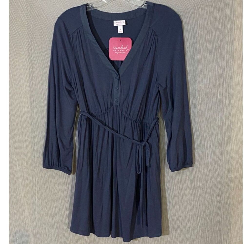 NWT Isabel Maternity Top Medium Blue Tie Waist Button Front Long Sleeve